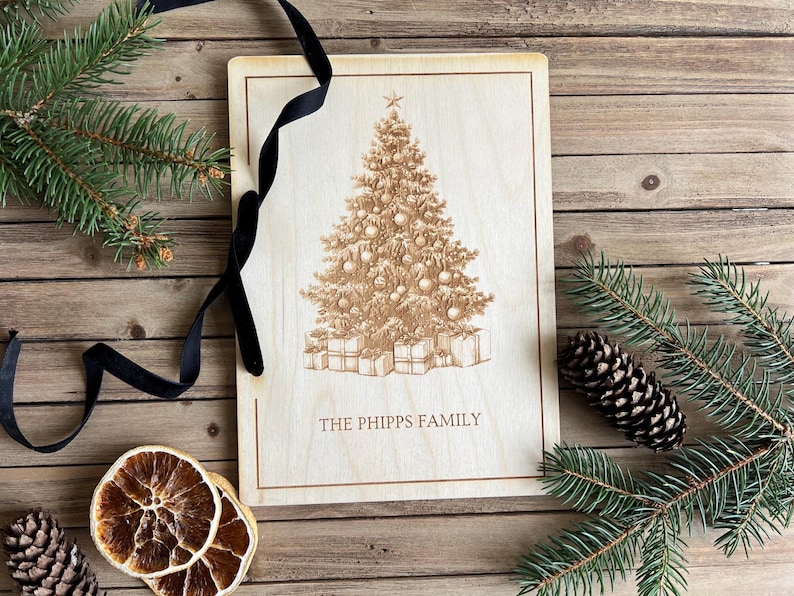 Personalized Christmas Card Album: Engraved Birch Wood Holiday Keepsake