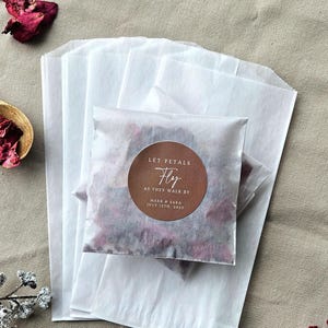 Wedding Petal Toss Bags & Sticker Set 'Let Petals Fly as They Walk By' – With Bride and Groom's Names - Processional Ceremony - Set of 20