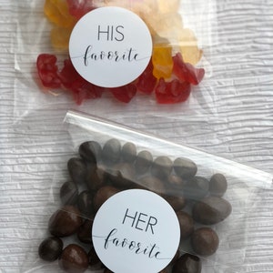 His and Her Favorite Candy Bag Seals Wedding Stickers Treat Bag Stickers, 20 of each