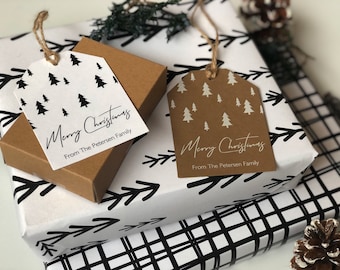 Minimale Weihnachtsanhänger, moderne Kiefern-Geschenkanhänger, handgemachter Feiertags-Geschenkanhänger, nordischer Weihnachtsanhänger - Sets von 8 gedruckten Tags