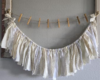 Guirnalda artesanal de tela y encaje estilo shabby chic, decoración para bodas