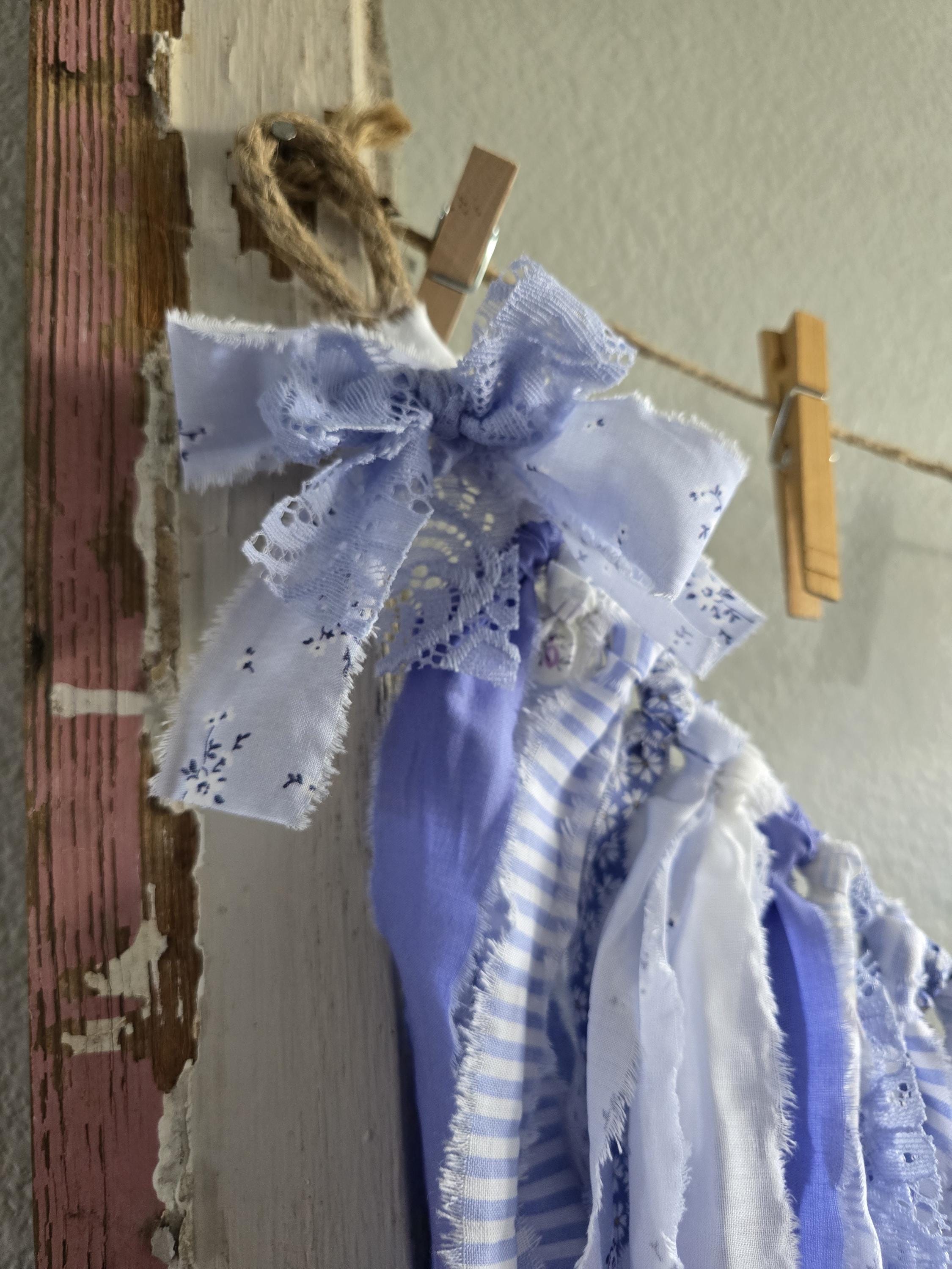 Shabby Rags Periwinkle and White Shabby Chic Rag Garland, Lace, Mantle, Wedding ...