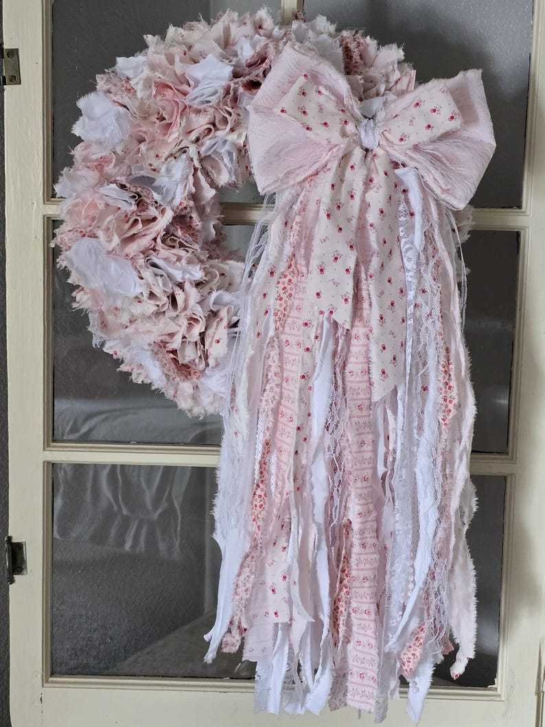 Shabby Chic Rag Wreath with Removable Bow, Pink Fabric Door Decor image 2