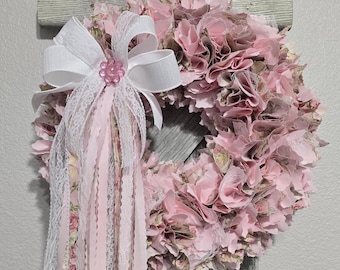 Handmade Pink Tea Rose Fabric Wreath, Shabby Chic Lace Bow