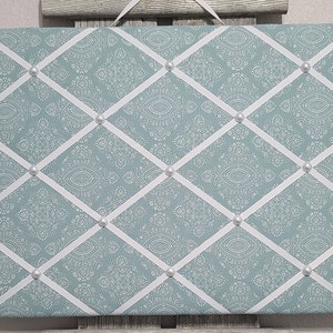 Handmade Fabric Memory Board: Antique Blue, White, and Pearl Memo Board
