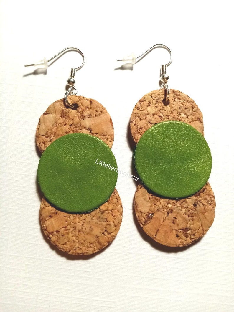 Cork and faux green leather earrings