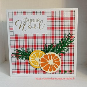Carte "Joyeux Noël", carte de Noël, orange et citron, branche de sapin, carterie, papeterie, carte faite main, tartan écossais