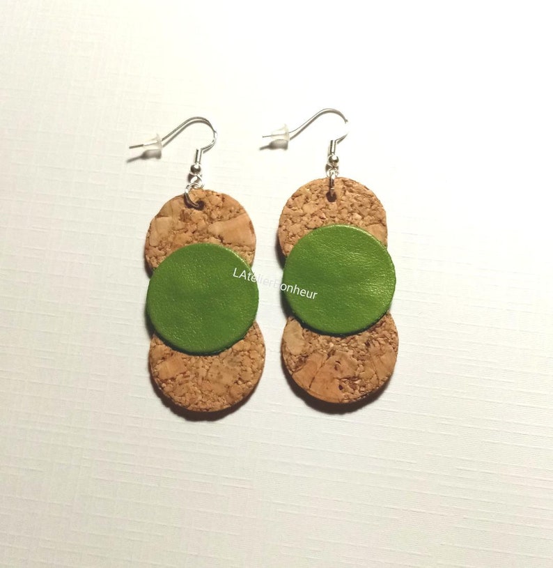 Cork and faux green leather earrings