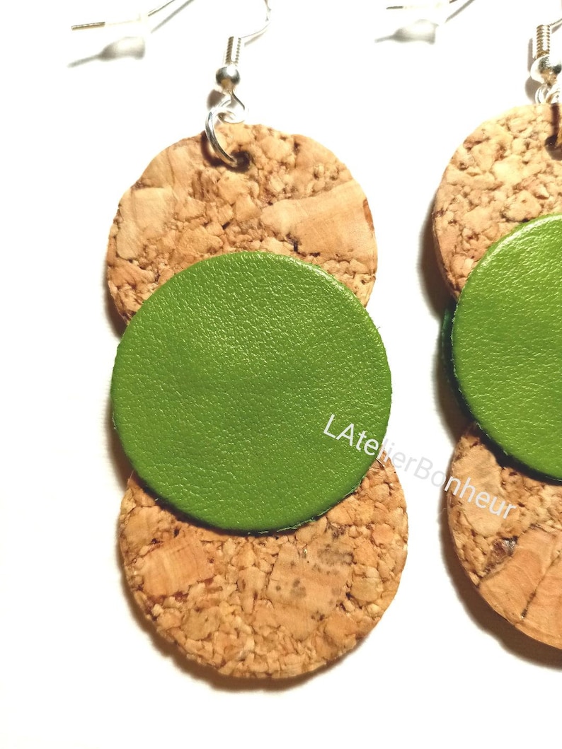Cork and faux green leather earrings