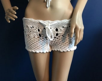 Beach Cover Up Shorts Handmade Lacey Crochet in Environmentally Friendly Cotton Size S.