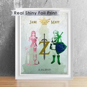 Real Foil Legend of Zelda Wedding Gift Print | 8"X10" Link And Zelda Anniversary Couple Art |  Gamer Boyfriend | Girlfriend Birthday Gift