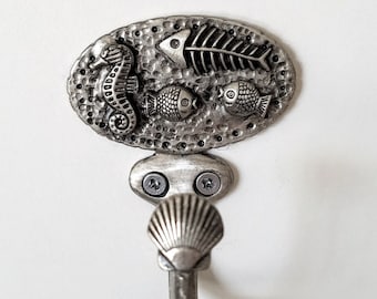 Fish and Seahorse Coastal Beach Theme Love-Made Wall Mount Lead-Free Recycled Silver Pewter Hook Hanger Made in USA