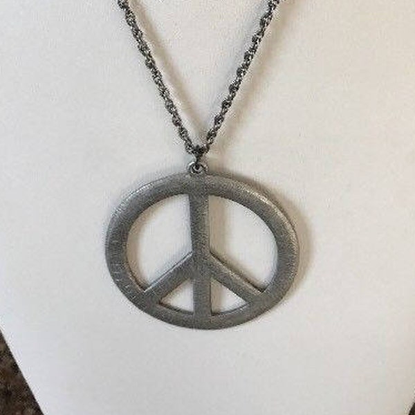 Peace Sign Symbol Love-Made Statement Piece Vintage Jewelry Pewter Pendant Necklace 20” inches Silver Chain Reclaimed Metal Women’s Boho USA