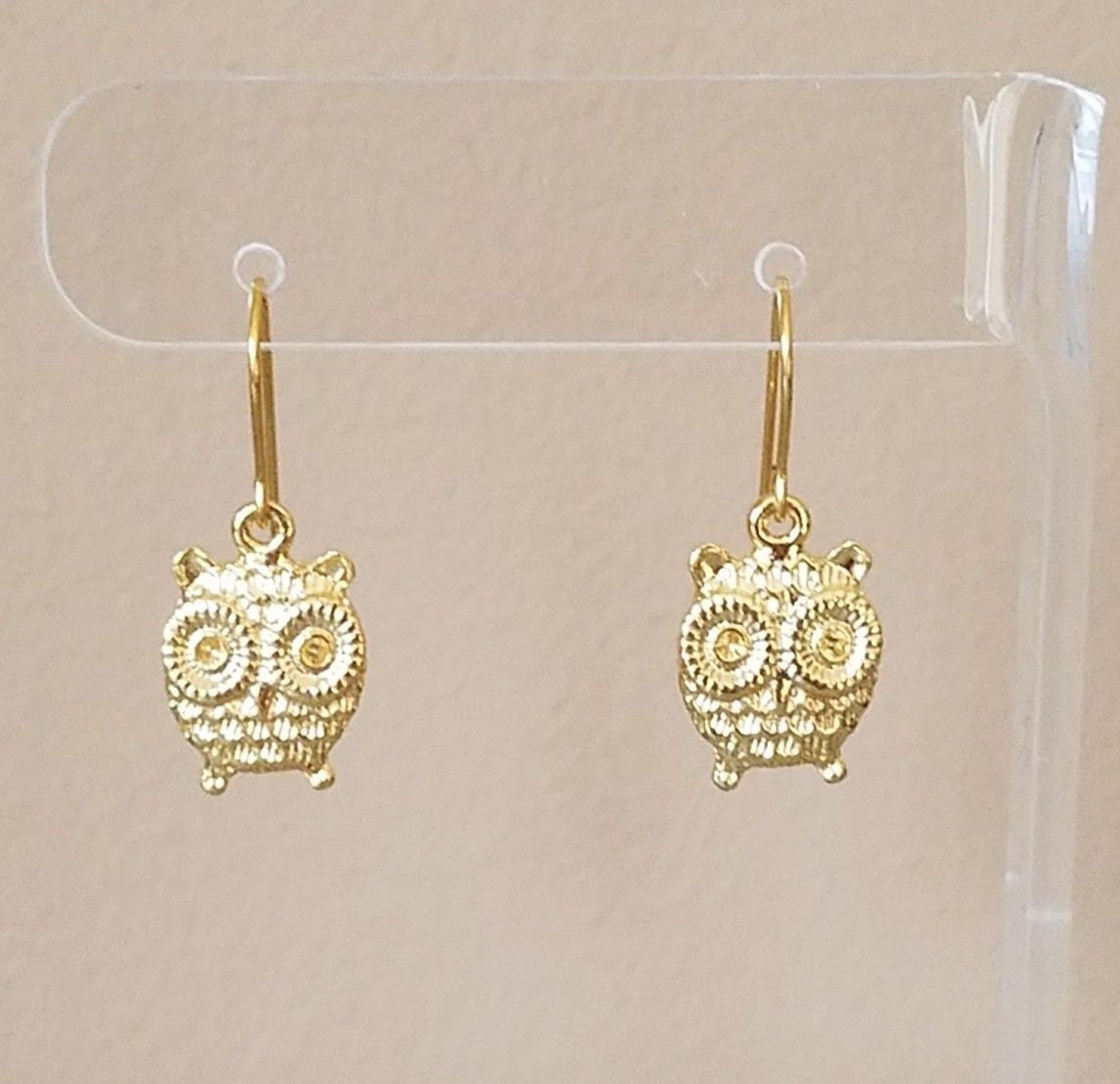 Cute Owl Dangle Style Hook Drop Earrings Yellow Gold Plated Womens Fashion Jewelry Made in USA