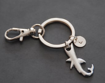 Personalised Silver Shark Keychain Initial Key Ring Men's Gift