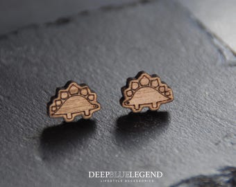 Stegosaurus Stud Earrings in Wood, Dinosaur Earrings, Cute Animal Wood Studs, Best Friend Gift for Her, Real Wood Jewelry, Dinosaur Jewelry