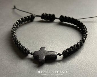 Black Stone Cross Bracelet, Handmade Macrame Bracelet, Faith Gift For Him, Minimalist Men's Jewelry, Adjustable Religious Bracelet