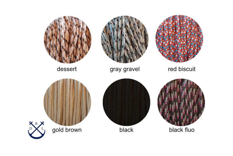 May include: Close-up of ten different colors of paracord, including dessert, gray gravel, red biscuit, gold brown, black, black fluo. Each color is shown in a circle.