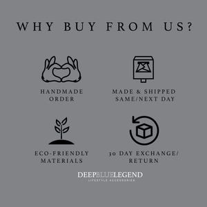 May include: A gray graphic with the text "WHY BUY FROM US?" and icons representing handmade orders, same-day shipping, eco-friendly materials, and a 30-day return policy. The brand name "DEEPBLUELEGEND" is at the bottom.