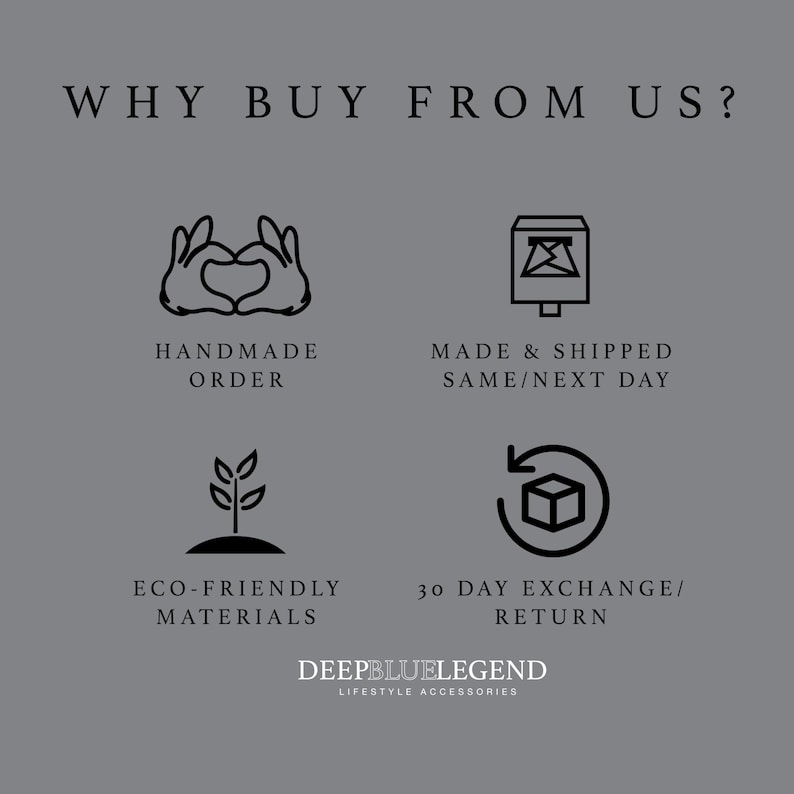 May include: A gray graphic with the text "WHY BUY FROM US?" and icons representing handmade orders, same-day shipping, eco-friendly materials, and a 30-day return policy. The brand name "DEEPBLUELEGEND" is at the bottom.