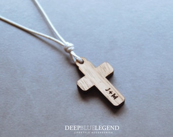 Initial Wooden Cross Necklace, Personalized Engraved Cross Pendant, Custom Religious Gift, Baptism Keepsake, Christening Jewelry Idea