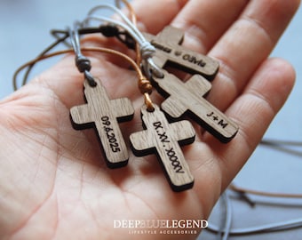 Personalized Wooden Cross Necklace, Custom Engraved Cross, Date Cross Pendant, Religious Jewelry, Wedding Date Christening Gift for Him Her