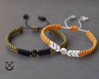 Personalized Initial Arrow Bead Bracelet Set: Matching Waxed Cord Couple Bracelets