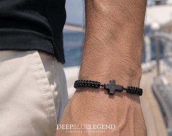 Black Stone Cross Bracelet, Handmade Macrame Bracelet, Faith Gift For Him, Minimalist Men's Jewelry, Adjustable Religious Bracelet