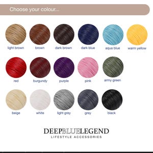 May include: A color chart with sixteen different color options, including light brown, brown, dark brown, dark blue, aqua blue, warm yellow, red, burgundy, purple, pink, army green, beige, white, light grey, grey, and black. The text "Choose your colour..." is at the top.