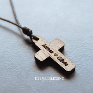 Custom Names Wooden Cross Necklace, Gift for Couple, Personalized Engraved Pendant, Anniversary or Wedding Gift, Religious Keepsake Jewelry