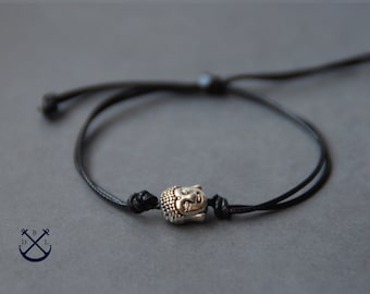 Silver Buddha Bead Bracelet Black Waxed Cord Bracelets- His Her