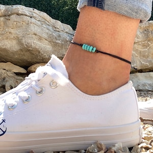 Turquoise Bead Anklet - Waxed Cord Ankle Bracelets- His Her Anklets Unisex Anklets Mens Womens Macrame Surfer Ankle Bracelets