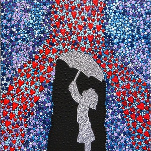 Pintura de ponto de menina com guarda-chuva, pintura acrílica pintada à mão em tela, arte para venda, decoração de casa, ideias exclusivas para presentes