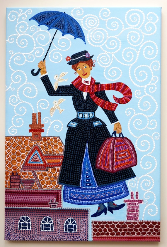 Mary Poppins Dot Painting Hand Painted Acrylic Paint on Canvas