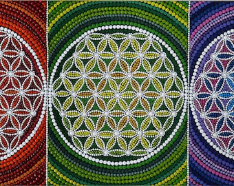 3 Flowers of Life Acrylic Original Dot painting Sacred Geometry Home Yoga Meditation Studio Decor Chakras Unique Gift Ideas