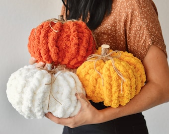 Hand Knit Chunky Chenille Yarn Pumpkin Fall Decor