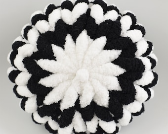 Made To Order Hand Knit Chunky Chenille Yarn Decorative Pillow Round Circle Poof Black and White Chevron