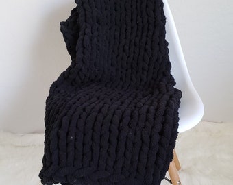 Hand Knit Chunky Chenille Yarn Black Blanket Lap Throw 35x45