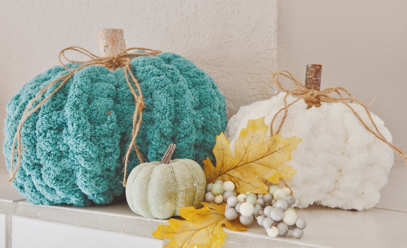 Hand Knit Chunky Chenille Yarn Pumpkin Fall Decor image 5