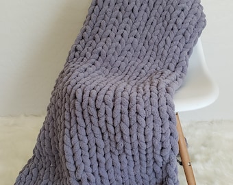 Hand Knit Chenille Lilac Gray Chunky Yarn Throw Blanket 50x60