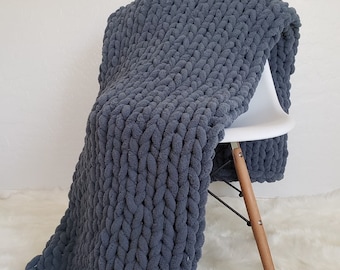 Hand Knit Chunky Chenille Yarn Blanket Throw 50x60