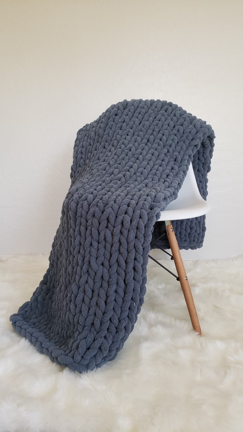 Hand Knit Chunky Chenille Yarn Blanket Throw 50x60 Etsy