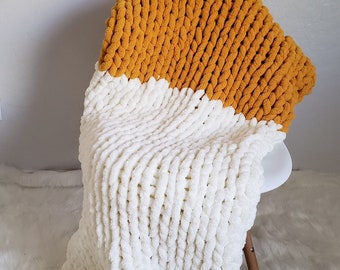 Hand Knit Chunky Chenille Yarn Mustard and Cream Color Block 50x60 Blanket Throw