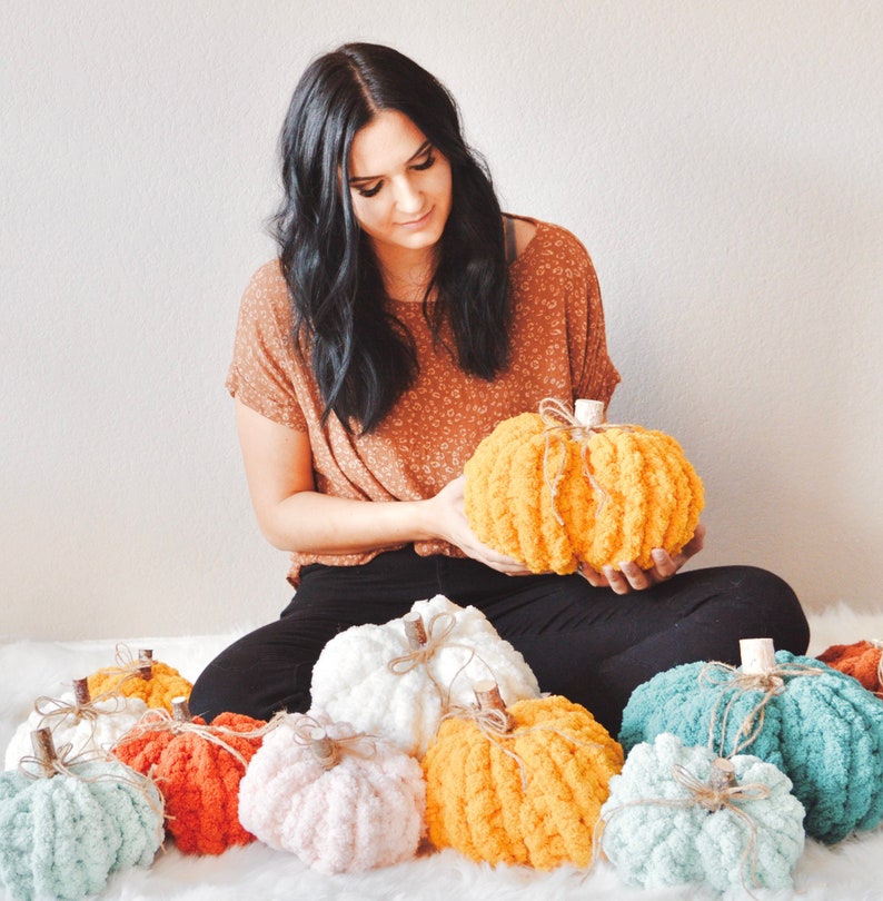 Hand Knit Chunky Chenille Yarn Pumpkin Fall Decor image 7