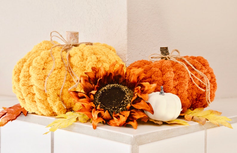 Hand Knit Chunky Chenille Yarn Pumpkin Fall Decor image 6