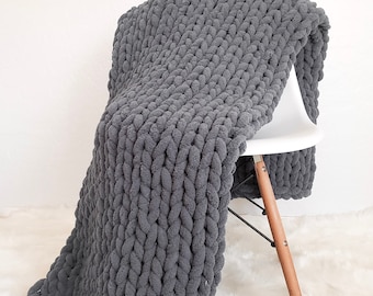 Charcoal 50”x60” Standard Throw Chunky Hand Knit Chenille Blanket