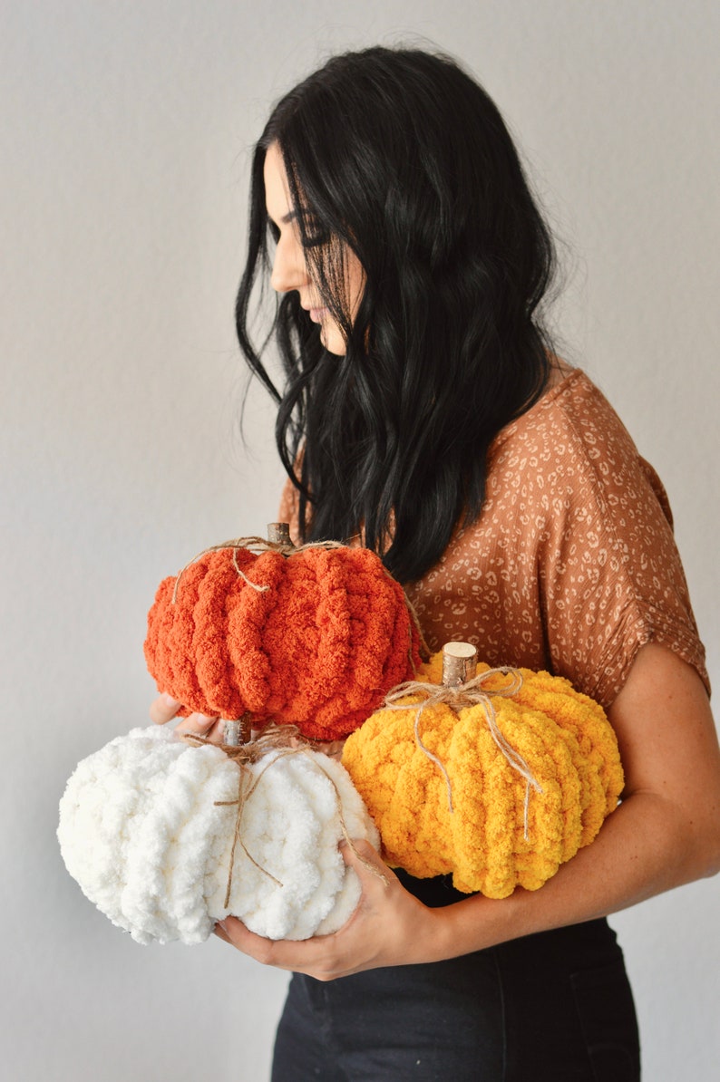 Hand Knit Chunky Chenille Yarn Pumpkin Fall Decor image 1