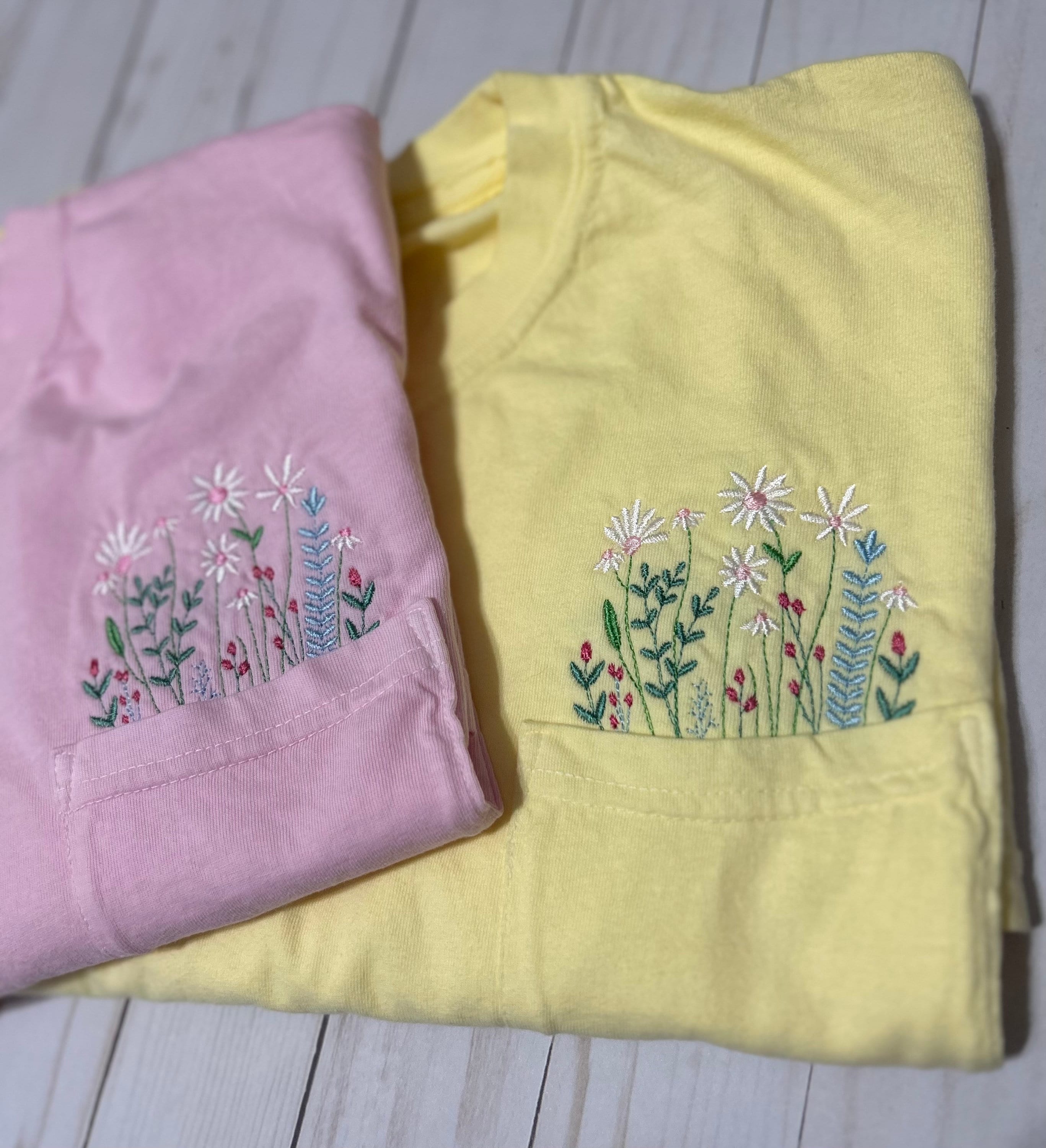 Embroidery Floral Pocket T-shirt Pocket Tee Embroidery - Etsy