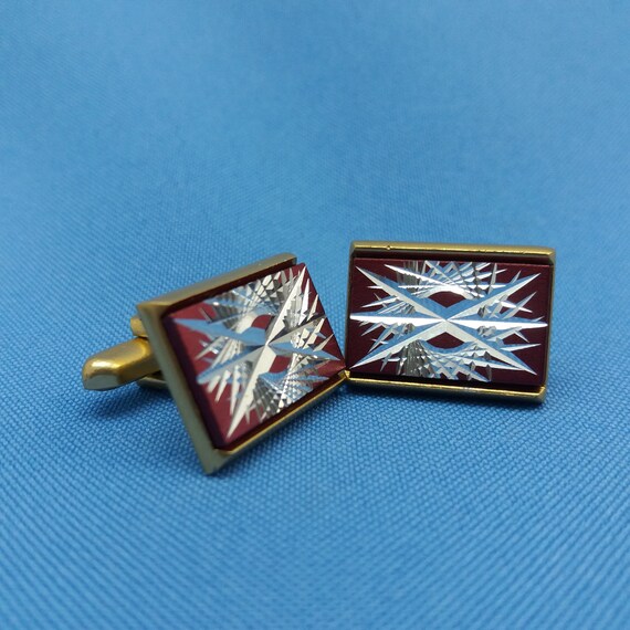 Red retro cufflinks rectangular in gold and silver tone metal soviet accessories men