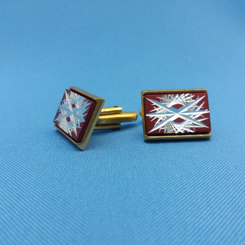 Red retro cufflinks  rectangular  in gold and silver  tone metal soviet accessories men